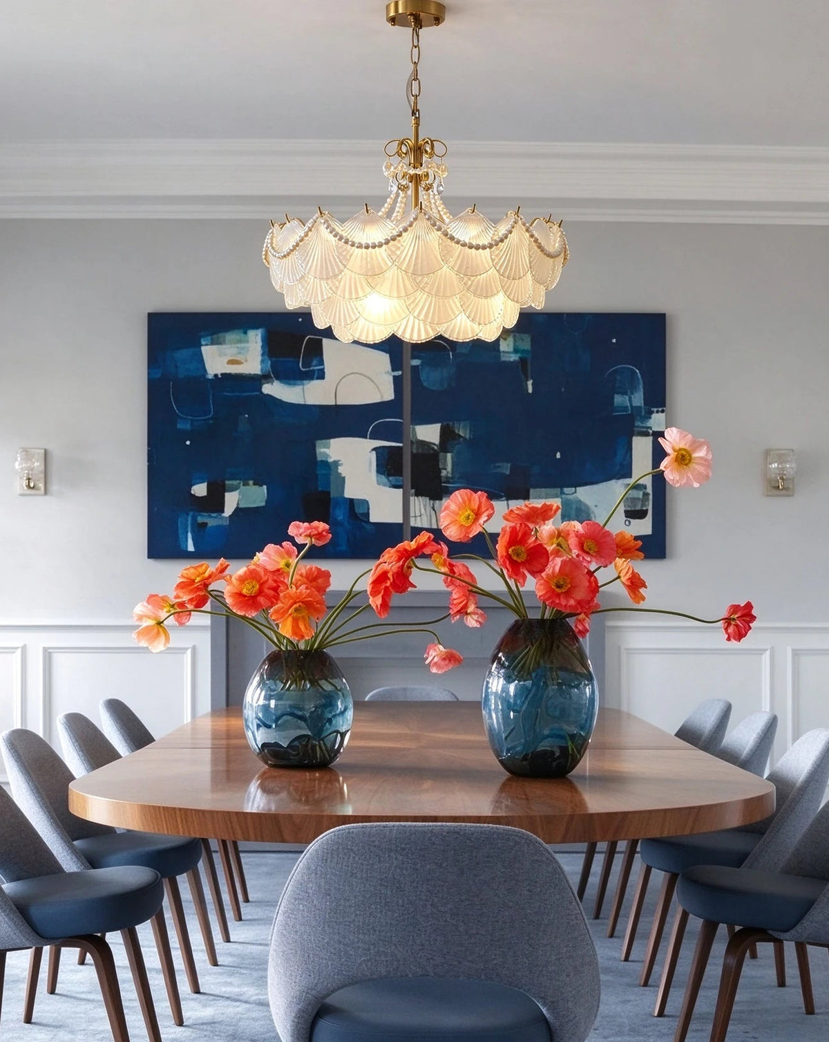 Modern Brass Beaded Shell Chandelier in Formal Dining Room