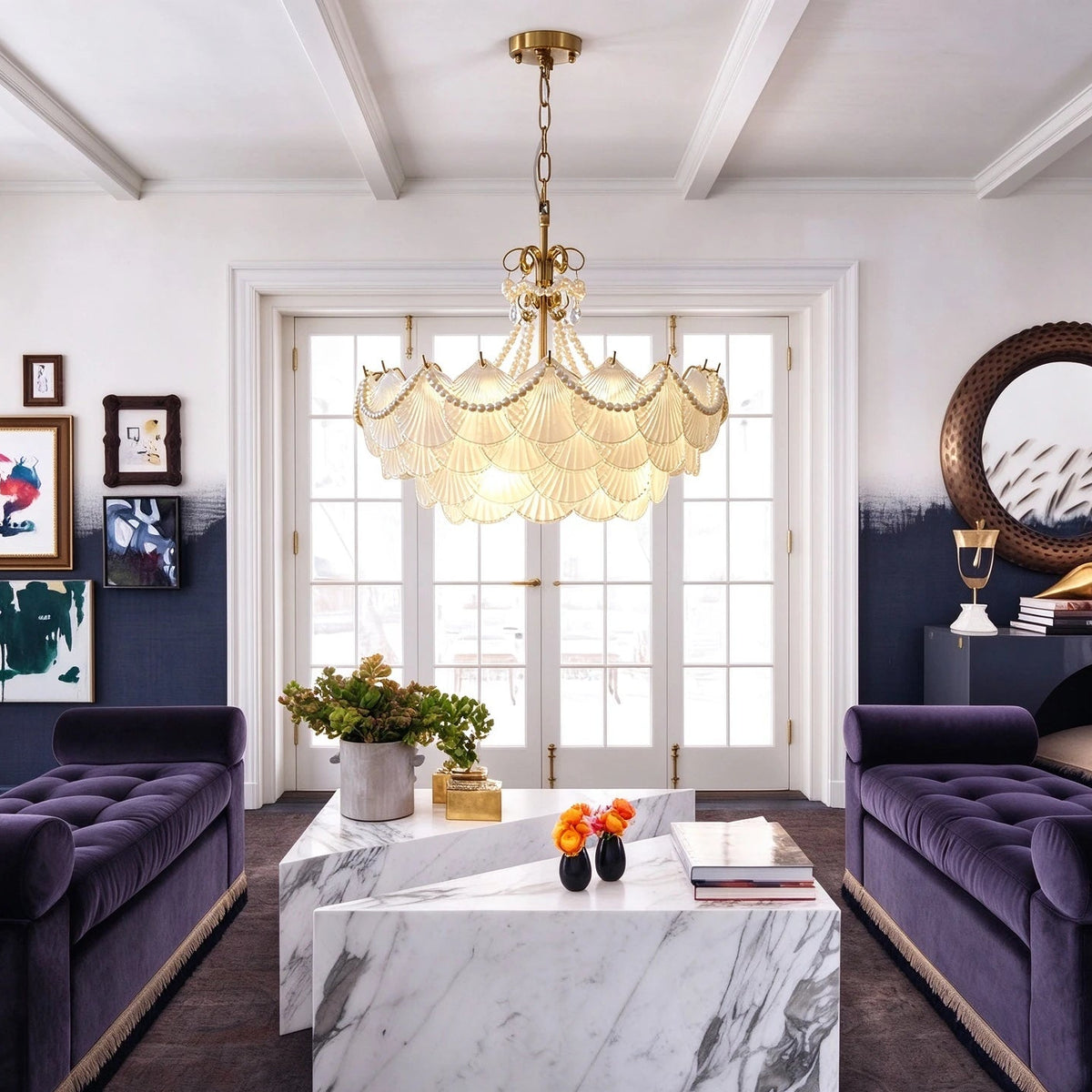 Modern Beaded Shell Art Glass Chandelier in Luxury Living Room