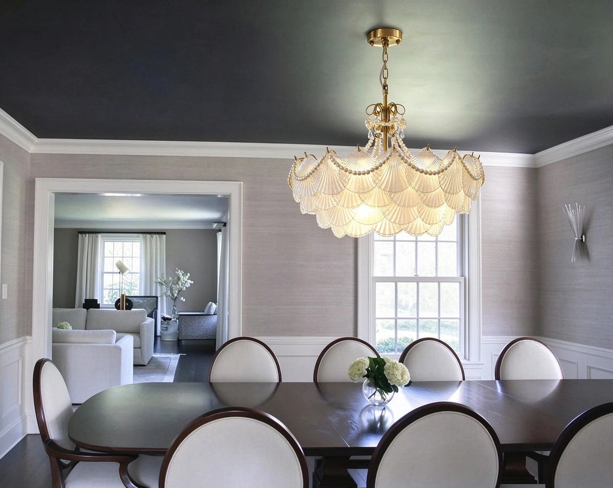 Modern Brass Beaded Shell Chandelier in Luxury Dining Area