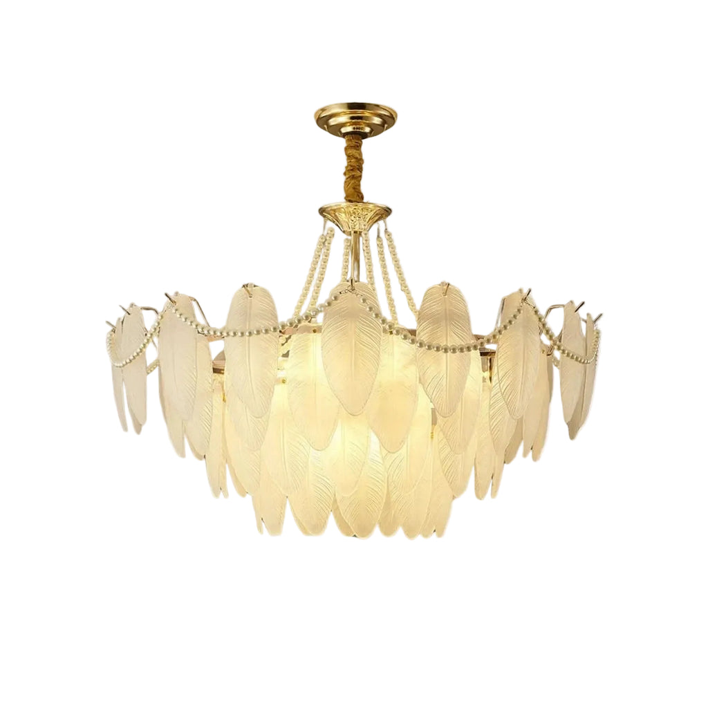 Gold Feather Glass Chandelier with sculpted ivory glass shades and a gold frame