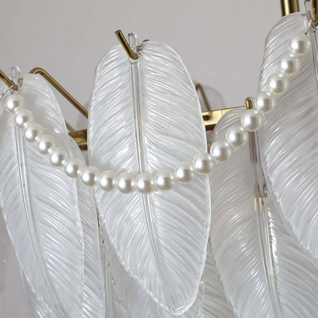 Frosted Glass Feather Chandelier with Pearl Strands