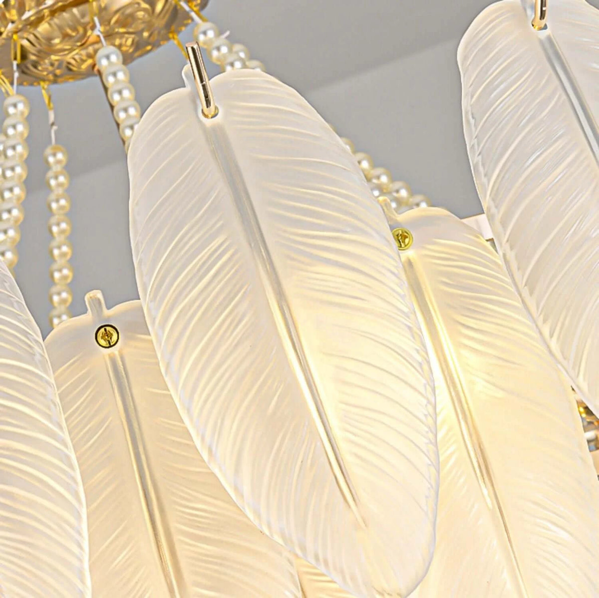Frosted Glass Feather Chandelier with Pearl Strands
