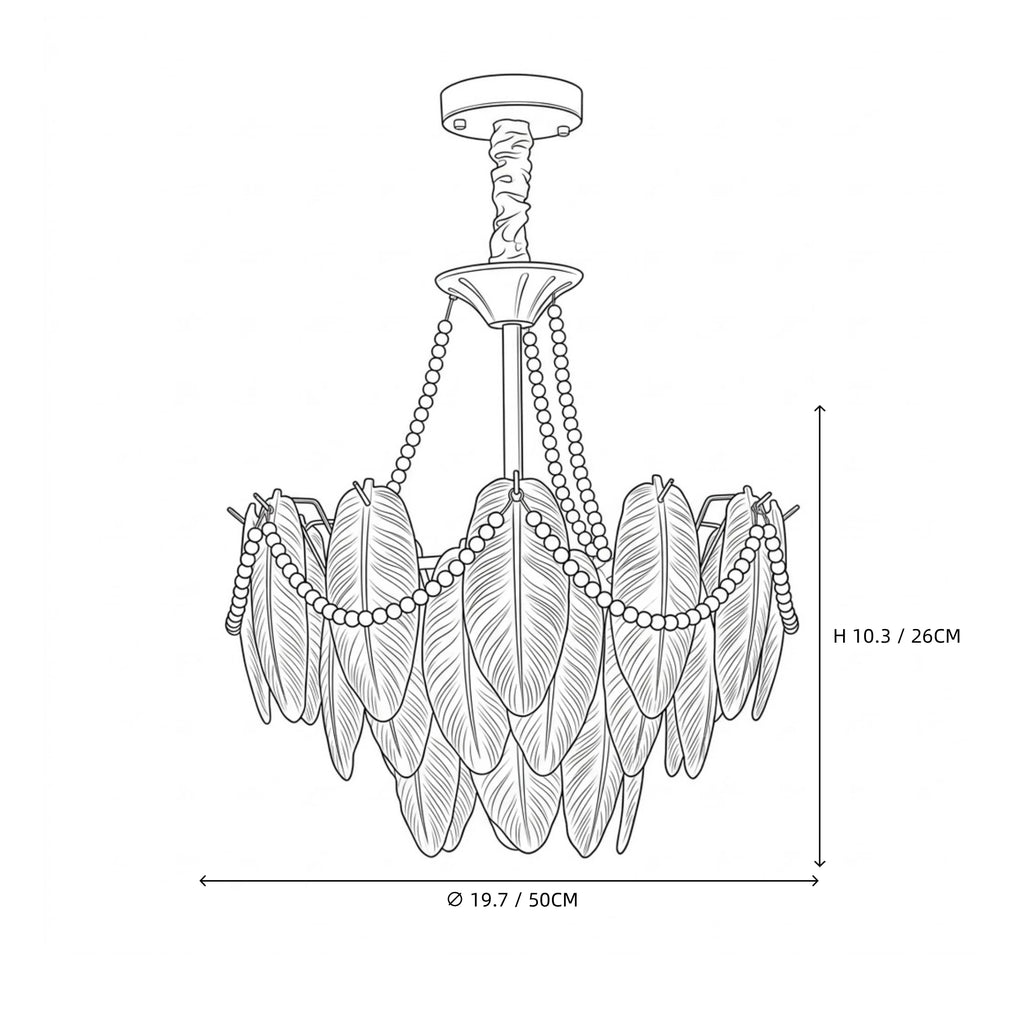 Gold Feather Glass Chandelier technical drawing with overall product dimensions