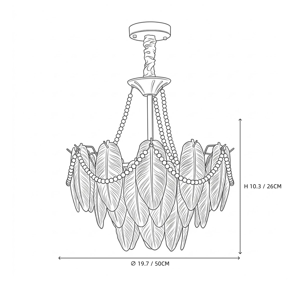 Gold Feather Glass Chandelier technical drawing with overall product dimensions