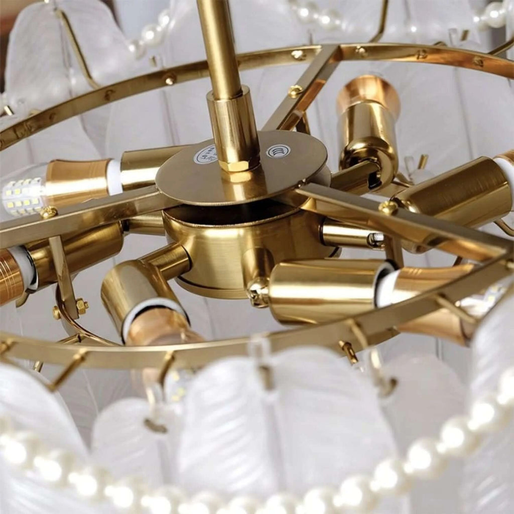 Frosted Glass Feather Chandelier with Pearl Strands