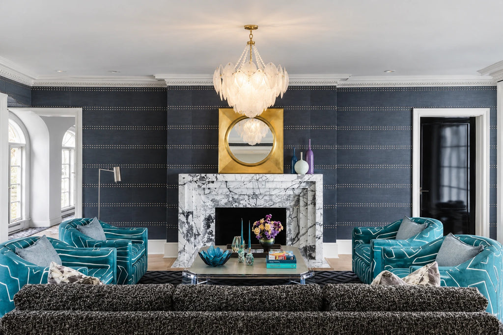 Gold Feather Glass Chandelier in a modern dining area with an open-plan layout
