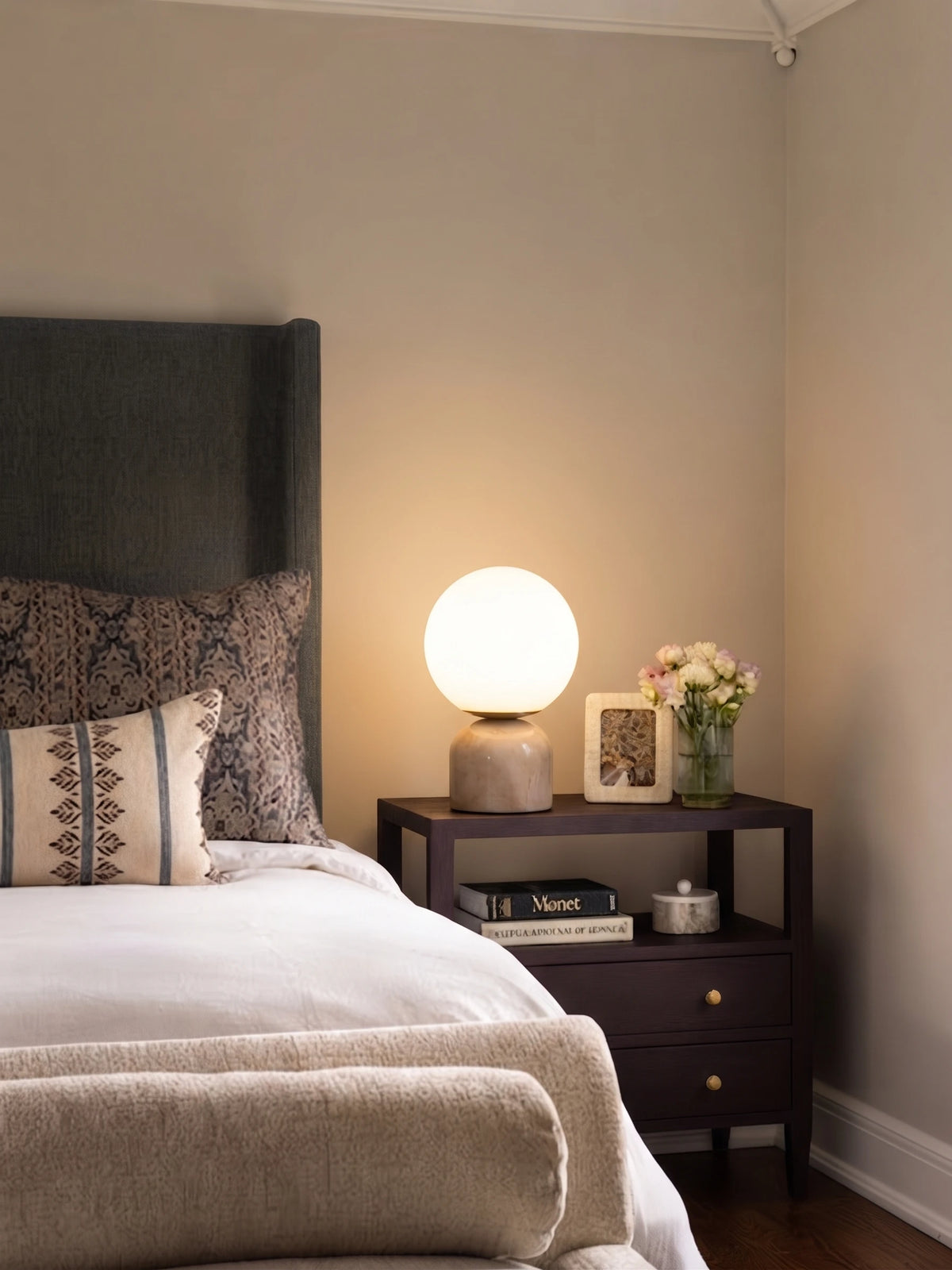 Modern Marble Globe Table Lamp on Bedroom Nightstand