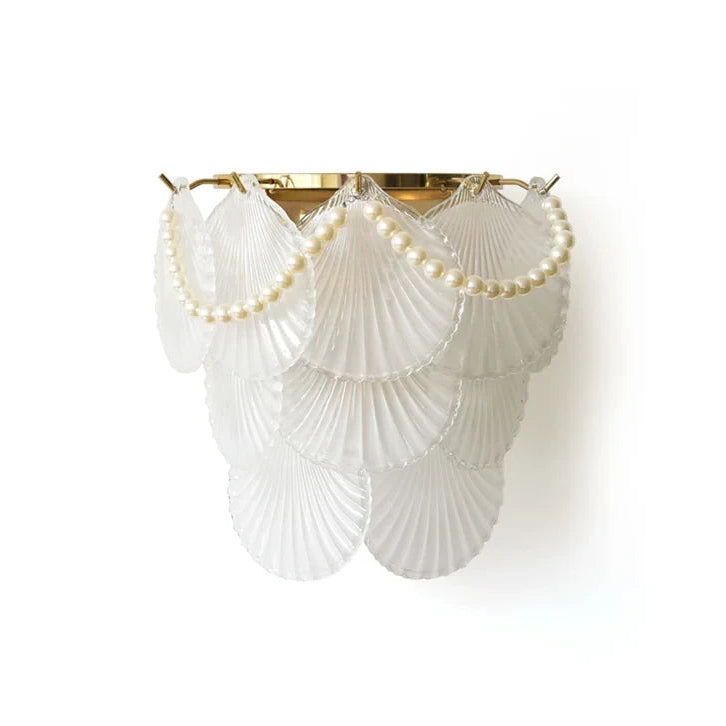 Modern Brass and Pearl Shell Art Glass Wall Sconce with Pearl Strand on Pure White Background