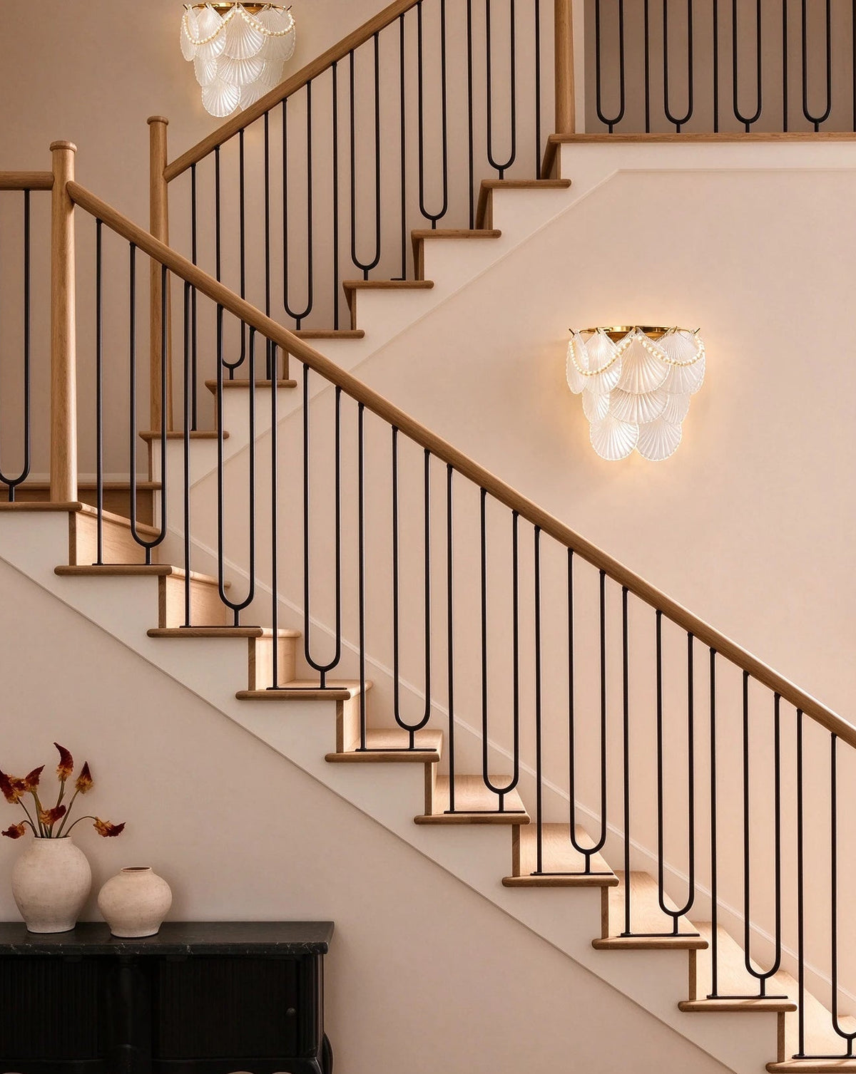 Modern Brass Pearl Shell Wall Sconce in Grand Staircase Foyer