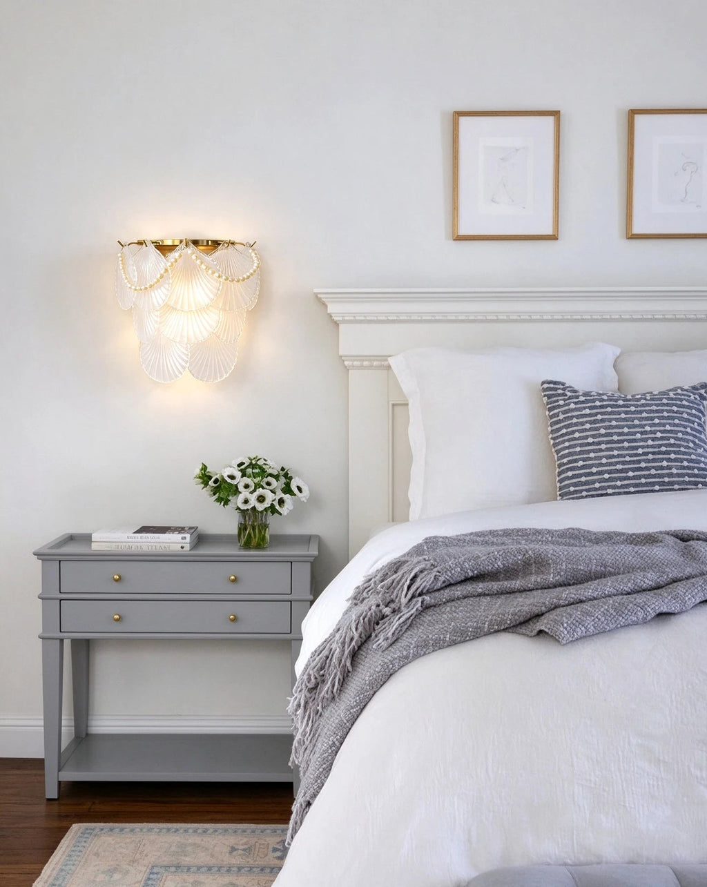 Modern Brass Pearl Shell Wall Sconce in Elegant Bedroom