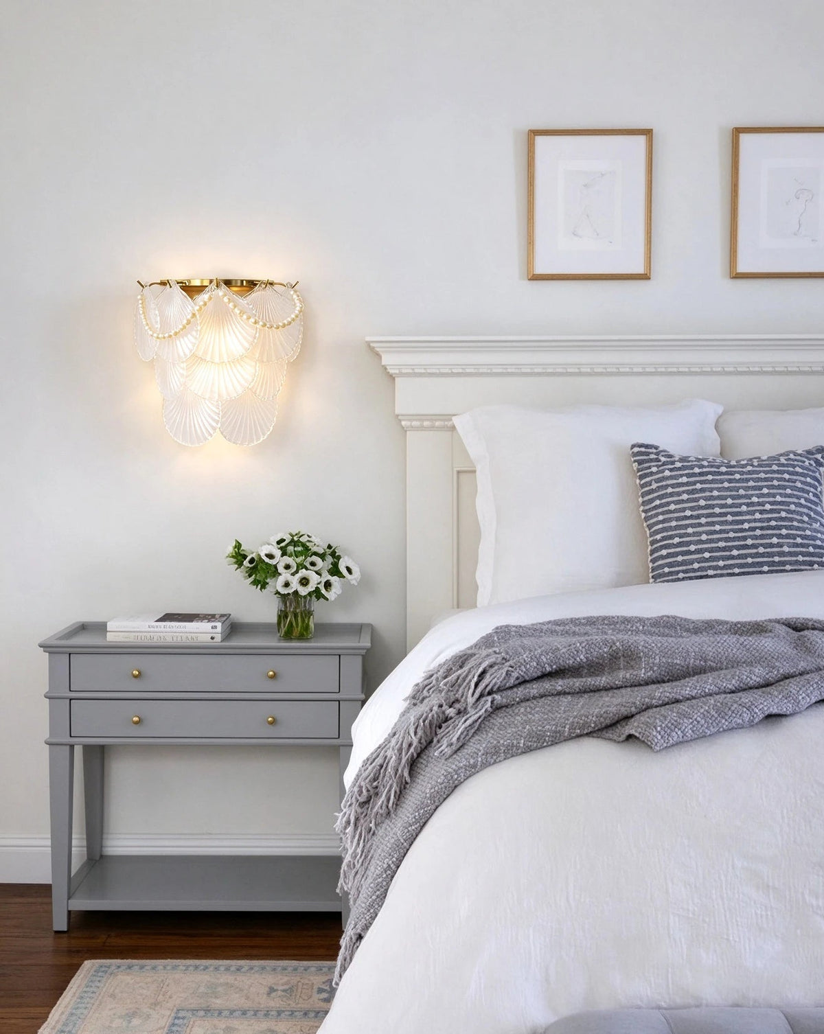 Modern Brass Pearl Shell Wall Sconce in Elegant Bedroom