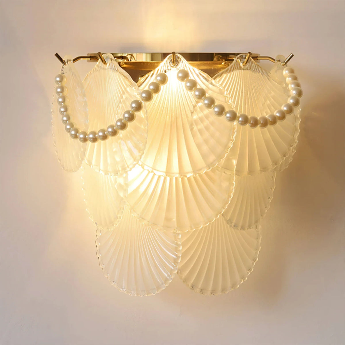 Illuminated Modern Brass Pearl Shell Art Glass Wall Sconce Studio Shot