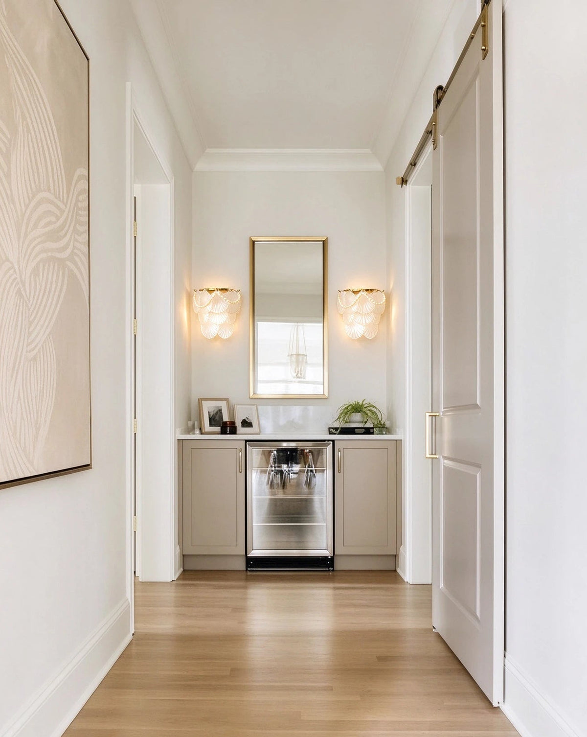 Modern Pearl Shell Art Glass Wall Sconce in Hallway Corridor Setting