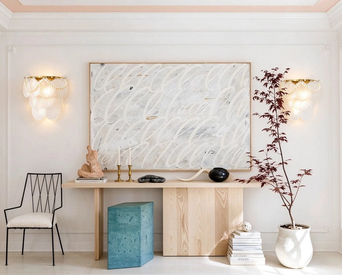 Modern Pearl Shell Art Glass Wall Sconce in Grand Foyer Setting