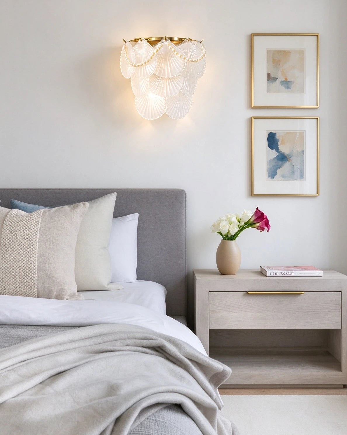 Modern Brass Pearl Shell Wall Sconce in Cozy Bedroom Setting