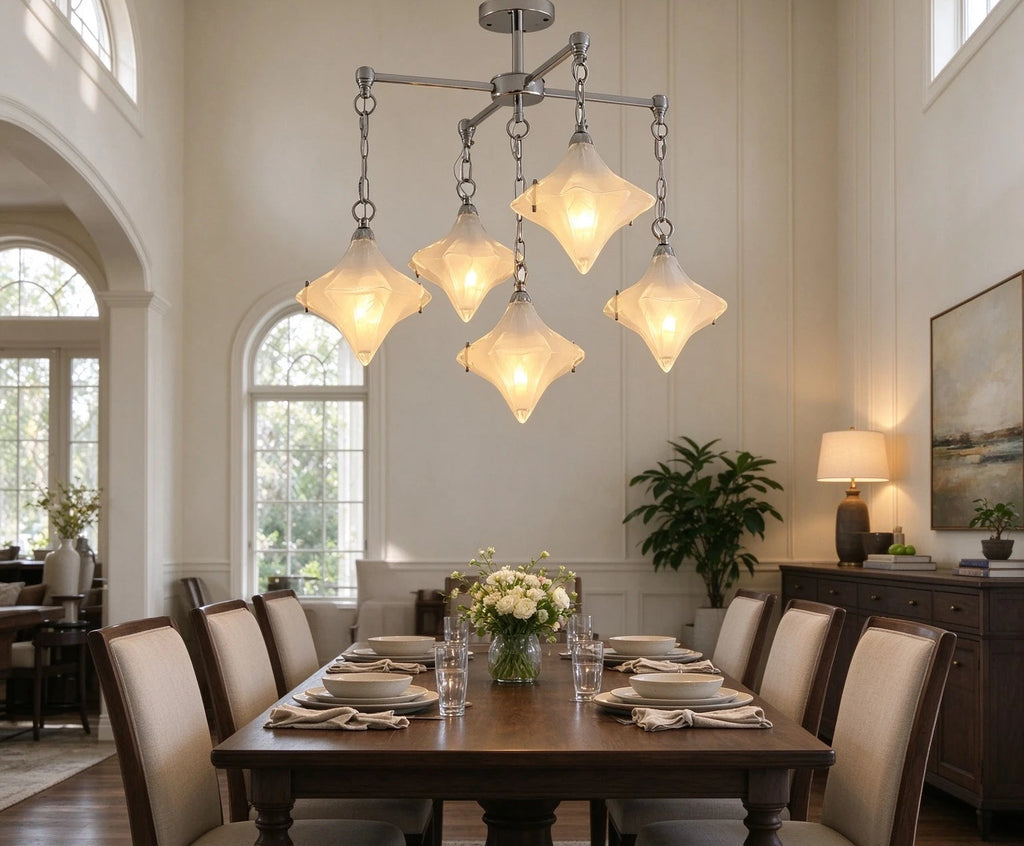 Modern Multi-Light Diamond Art Glass Chandelier in High Ceiling Interior