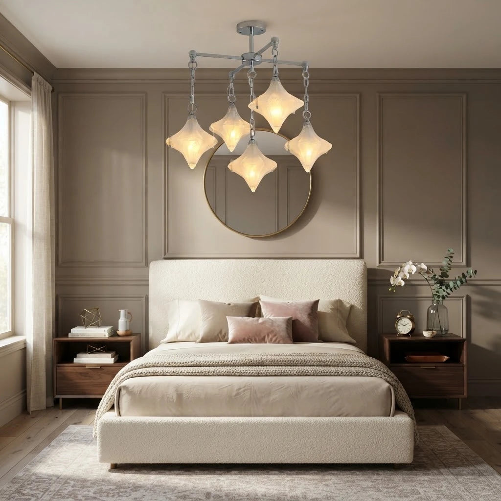 Modern Multi-Light Diamond Art Glass Chandelier in Master Bedroom Setting