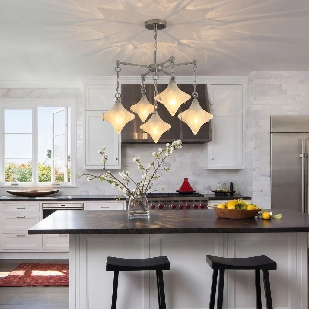 Modern Diamond Art Glass Chandelier Over Kitchen Island