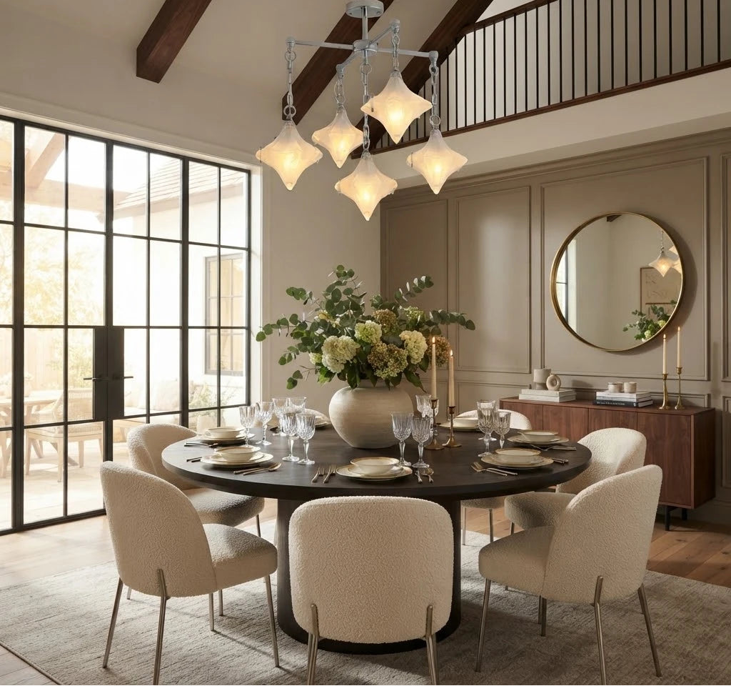 Modern Diamond Art Glass Chandelier Over Round Dining Table