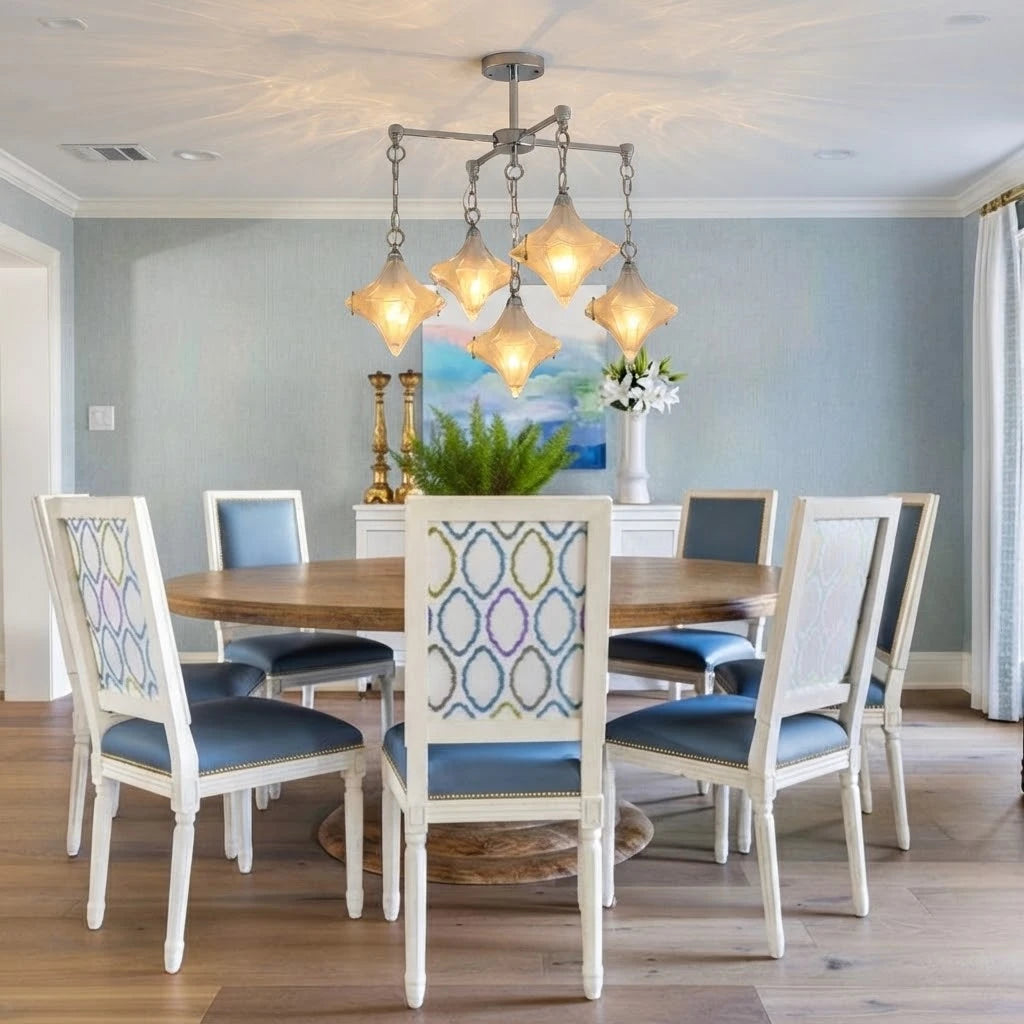 Modern Multi-Light Diamond Art Glass Chandelier in Bright Dining Room