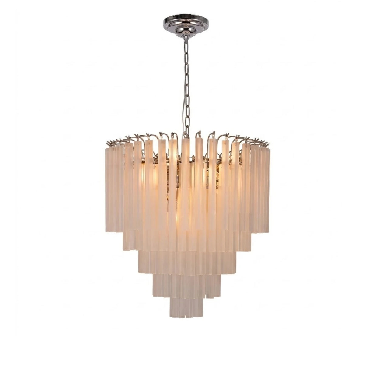 Modern Silver Frame and Multi-Tier Fluted Art Glass Chandelier with Silver Canopy on Pure White Background