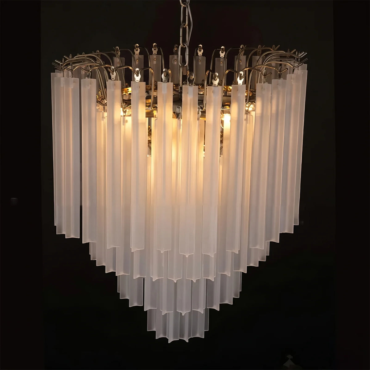 Upward View of Illuminated Modern Fluted Art Glass Chandelier Studio Shot