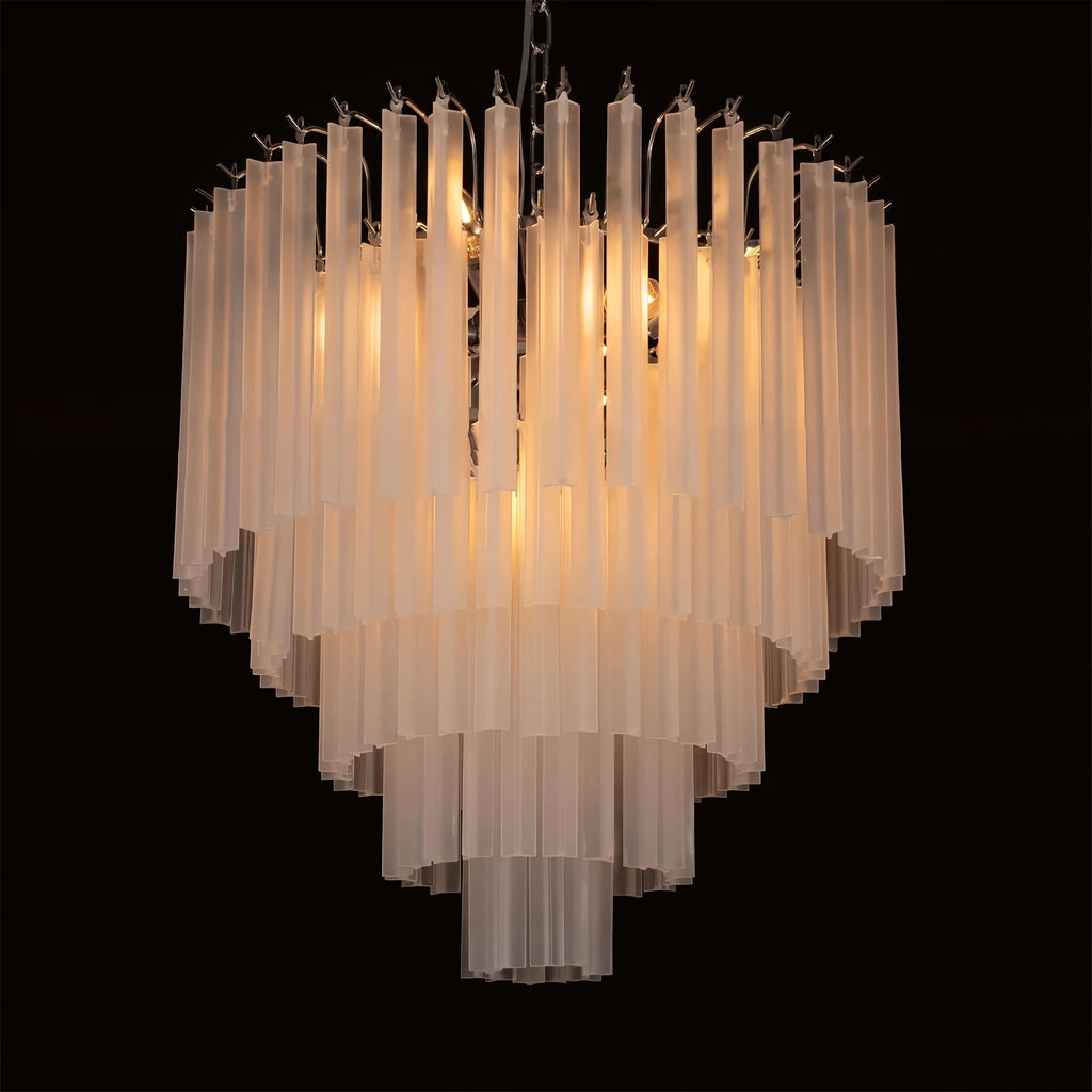 Illuminated Modern Multi-Tier Fluted Art Glass Chandelier Studio Display