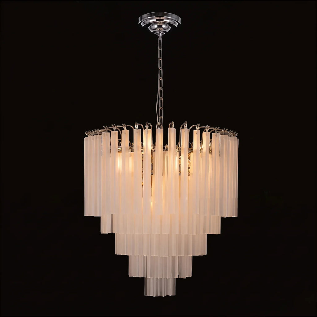Illuminated Modern Silver Frame Multi-Tier Fluted Art Glass Chandelier Studio Shot