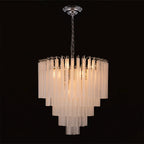 Illuminated Modern Silver Frame Multi-Tier Fluted Art Glass Chandelier Studio Shot