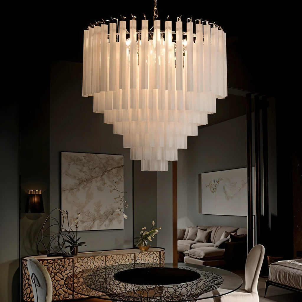 Illuminated Modern Multi-Tier Fluted Art Glass Chandelier Over Dining Table