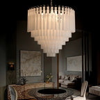 Illuminated Modern Multi-Tier Fluted Art Glass Chandelier Over Dining Table