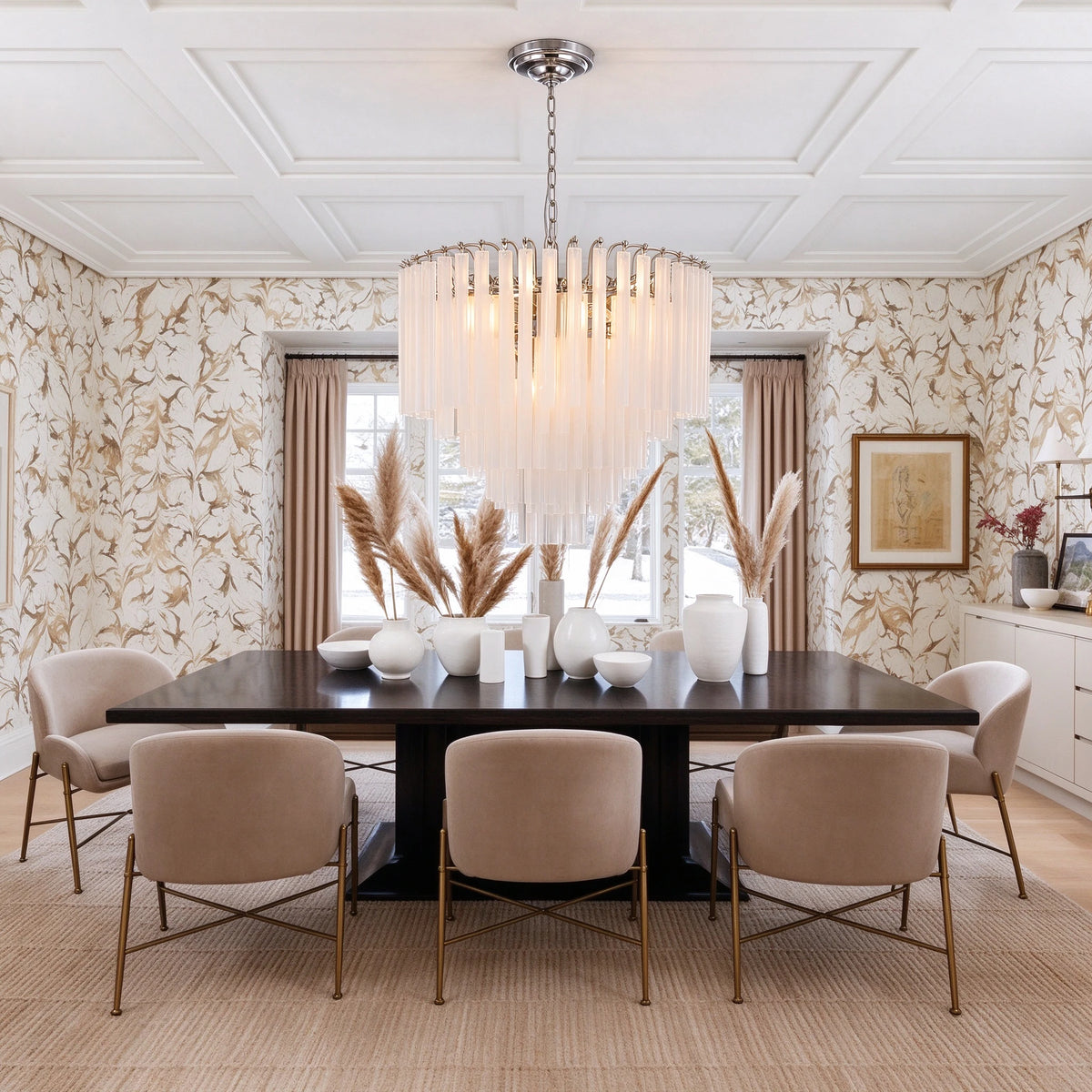 Modern Multi-Tier Fluted Art Glass Chandelier in Open Plan Dining Setting