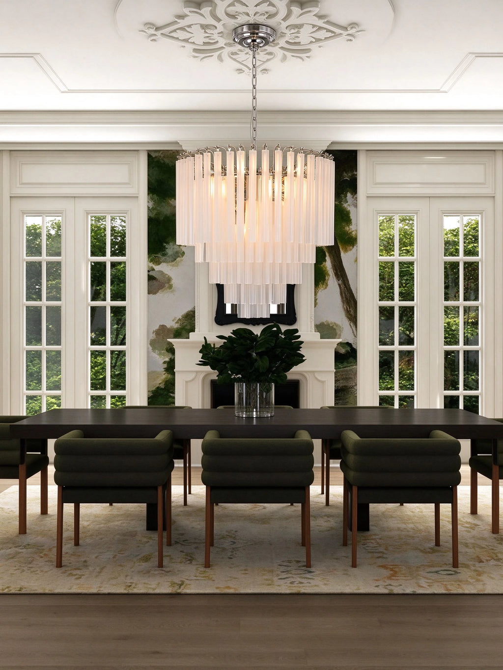 Modern Silver Frame Fluted Art Glass Chandelier in Grand Dining Room