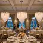 Modern Multi-Tier Fluted Art Glass Chandeliers in Luxury Banquet Hall