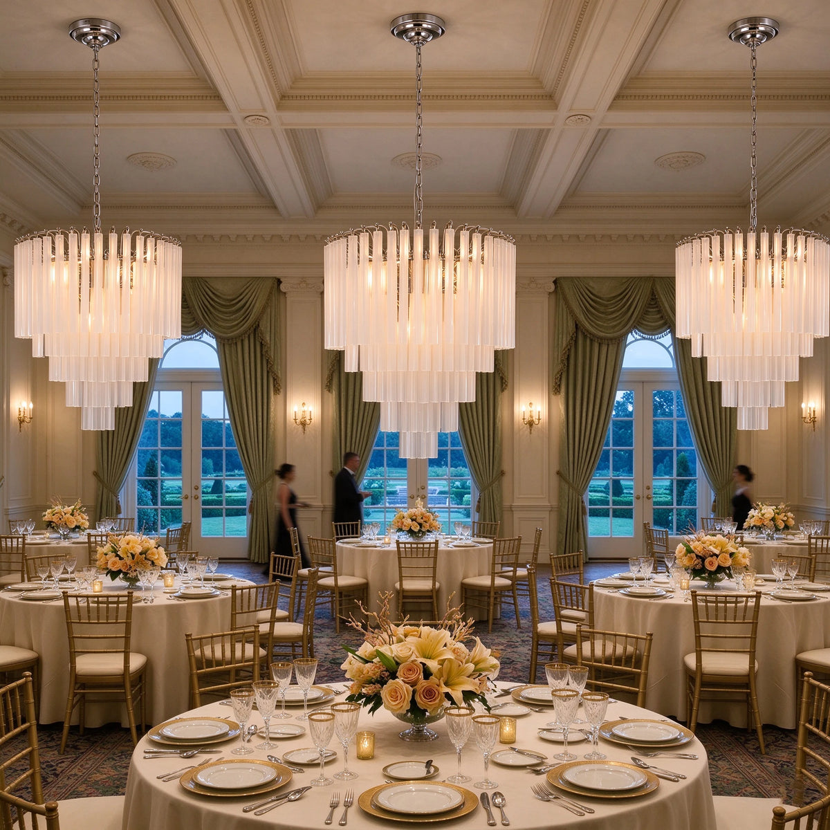Modern Multi-Tier Fluted Art Glass Chandeliers in Luxury Banquet Hall