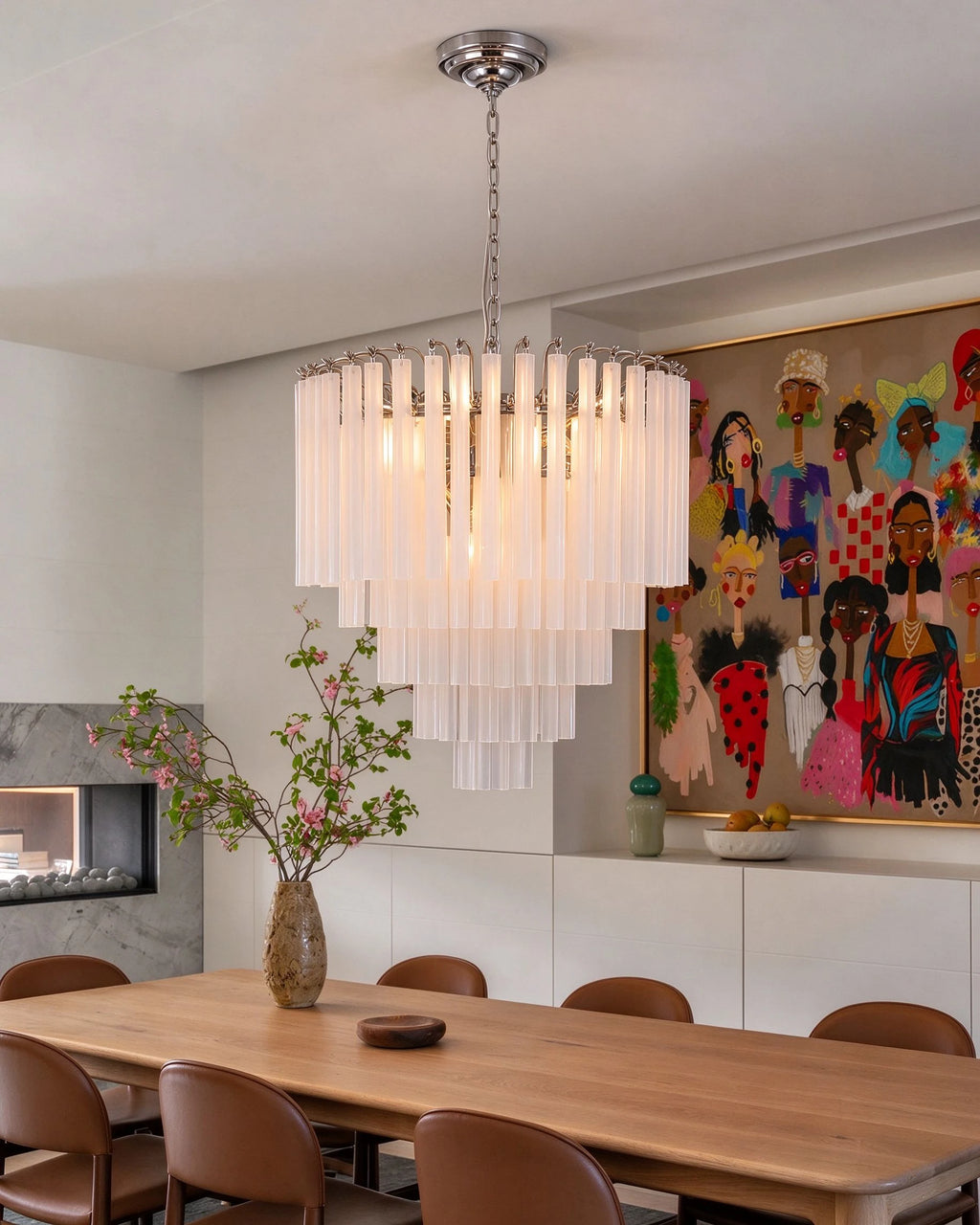 Modern Silver Frame Fluted Art Glass Chandelier in Formal Dining Room