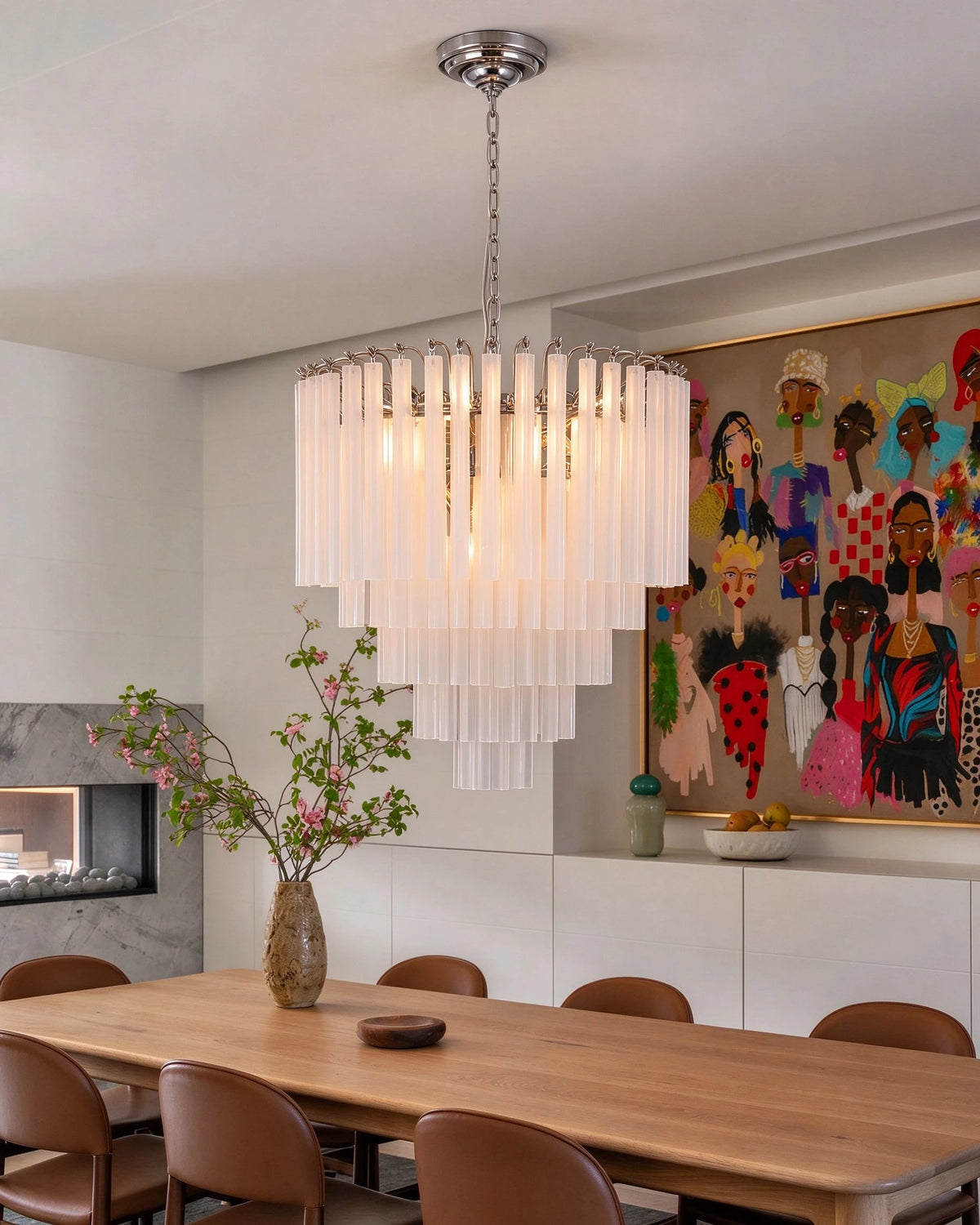Modern Silver Frame Fluted Art Glass Chandelier in Formal Dining Room