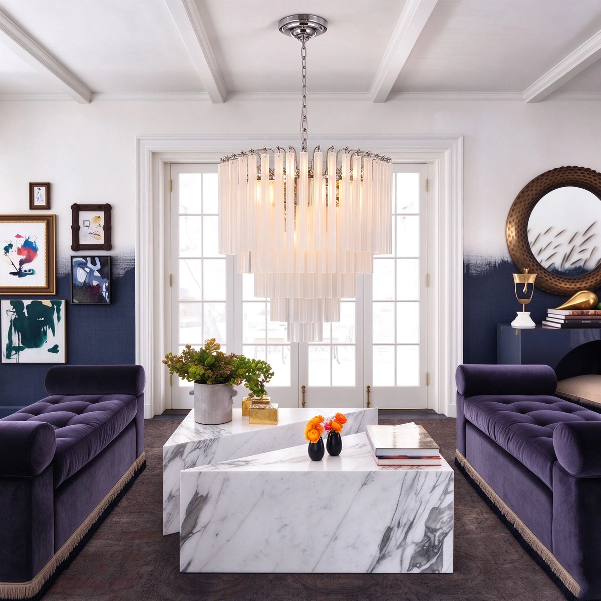 Modern Multi-Tier Fluted Art Glass Chandelier in Luxury Living Space