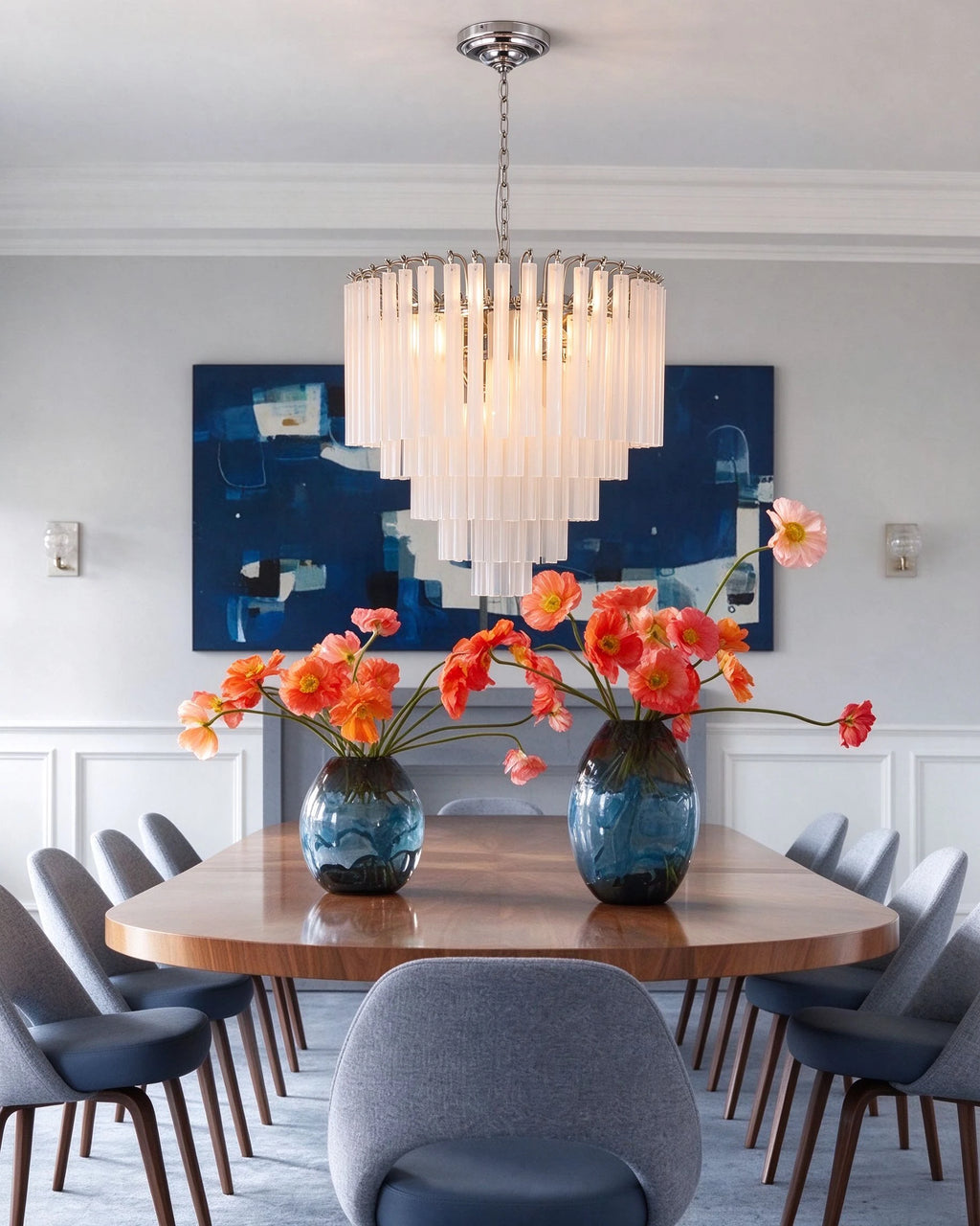 Modern Silver Frame Fluted Art Glass Chandelier in Elegant Dining Area