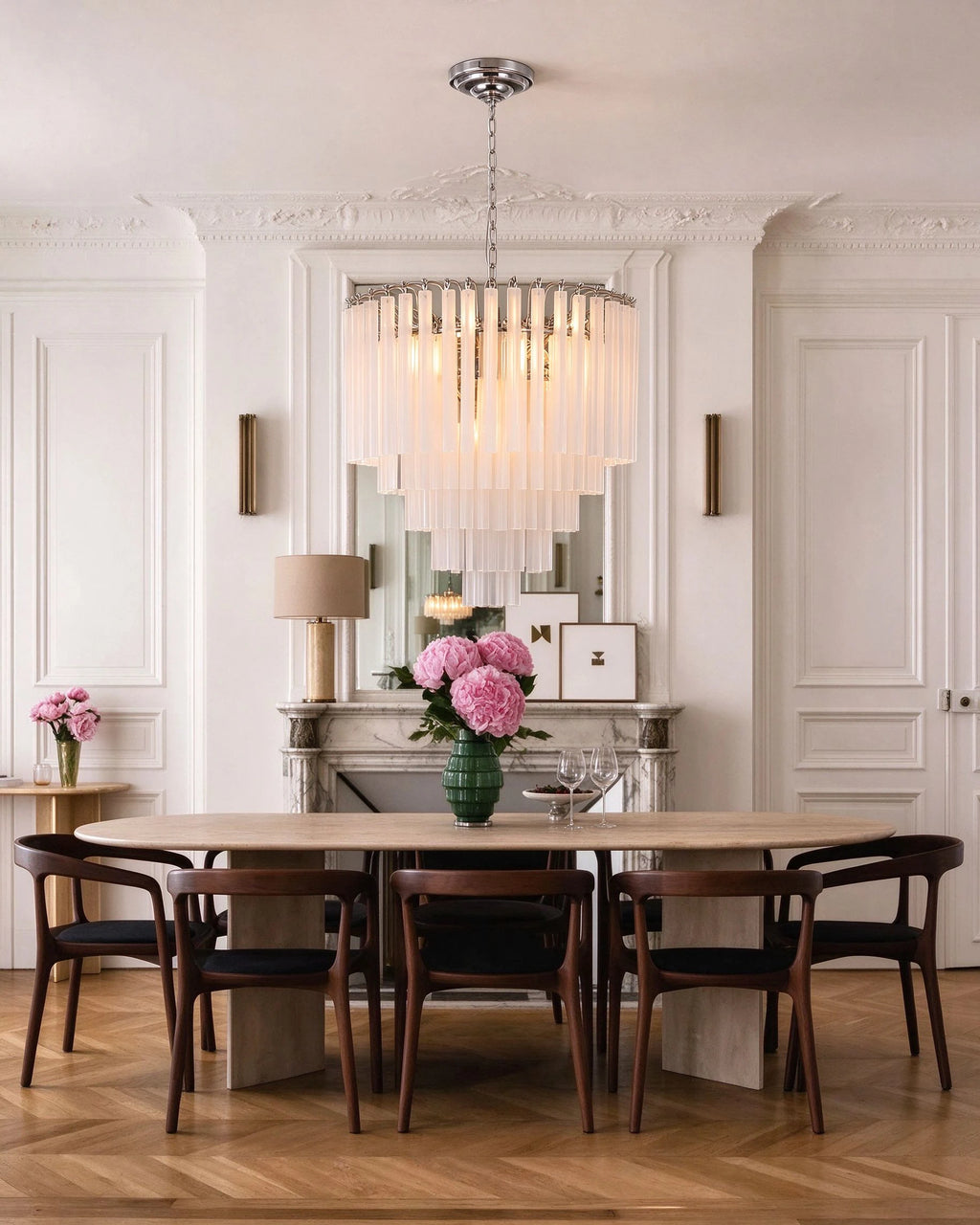 Modern Multi-Tier Fluted Art Glass Chandelier Over Bathroom Vanity