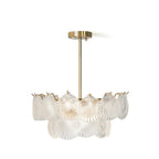 Modern Brass and Frosted Scale Art Glass Semi-Flush Mount Chandelier with Gold Canopy on Pure White Background