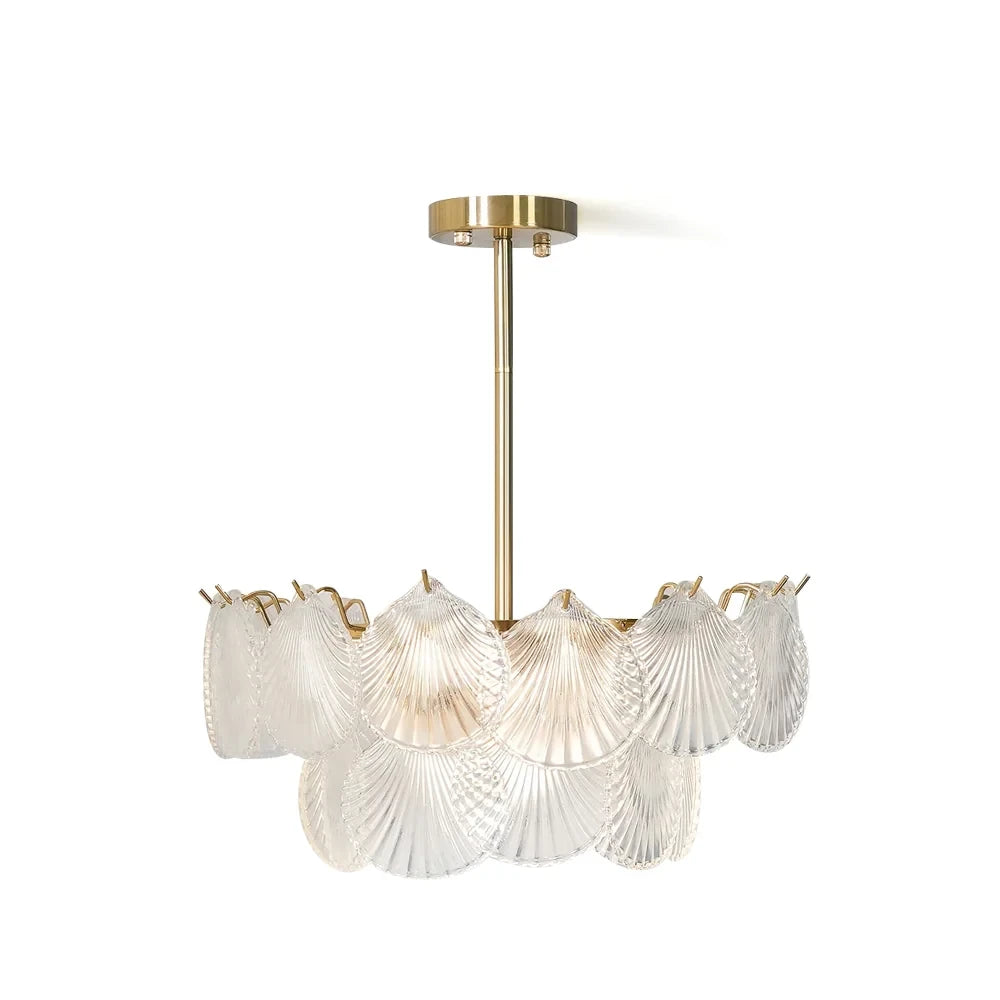 Modern Brass and Frosted Scale Art Glass Semi-Flush Mount Chandelier with Gold Canopy on Pure White Background