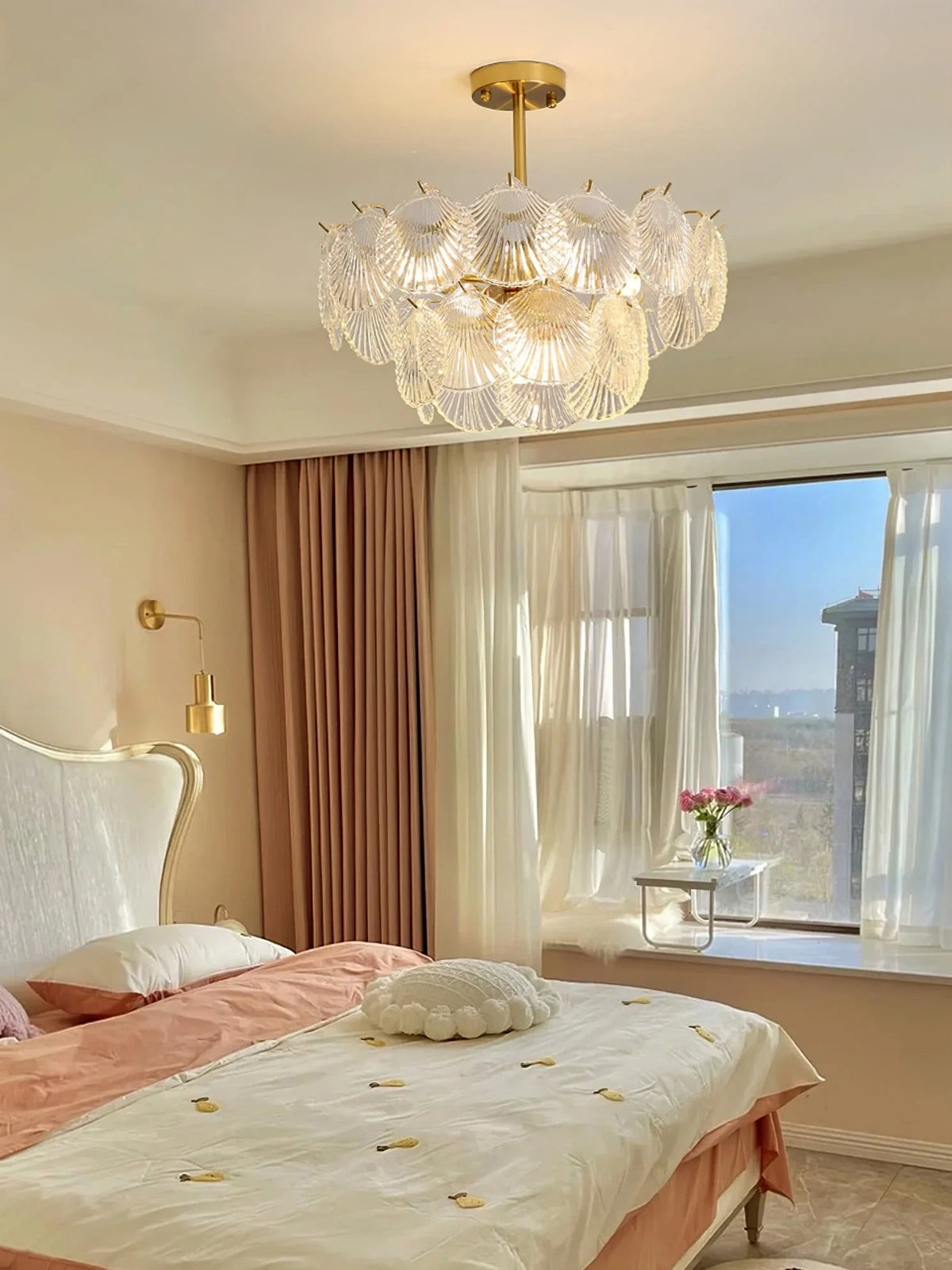 Modern Frosted Scale Art Glass Chandelier in Elegant Bedroom Interior