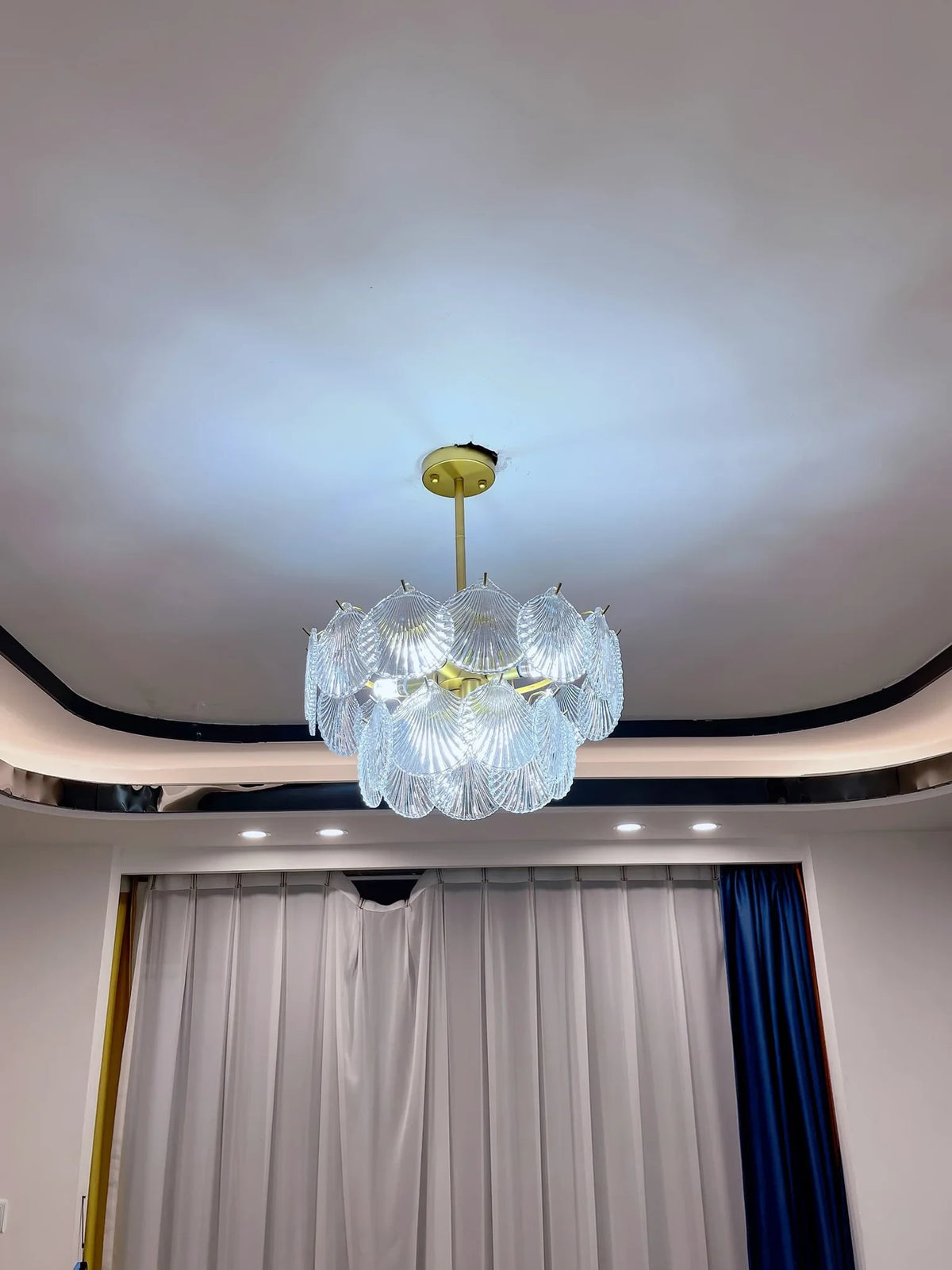 Illuminated Modern Brass Scale Art Glass Semi-Flush Mount Chandelier Ceiling Shot
