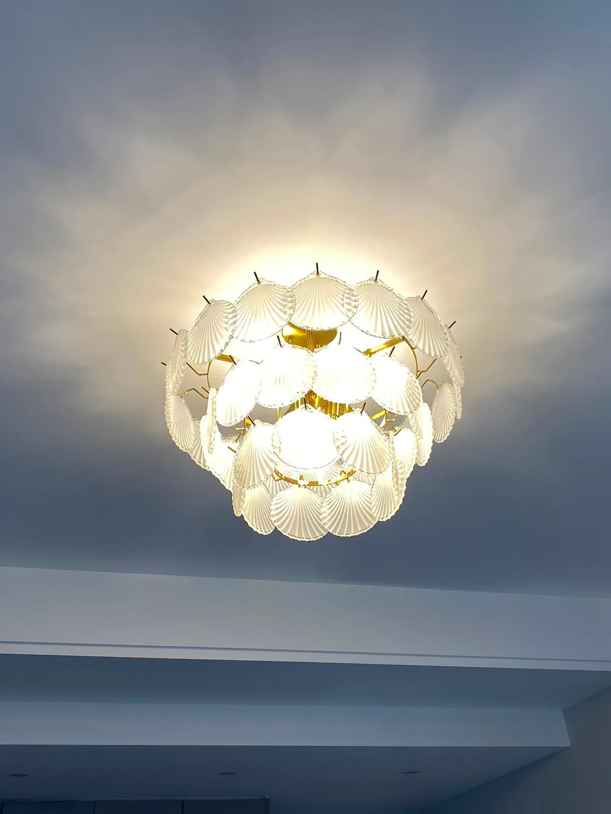 Illuminated Modern Brass Scale Art Glass Semi-Flush Mount Chandelier Ambient Lighting