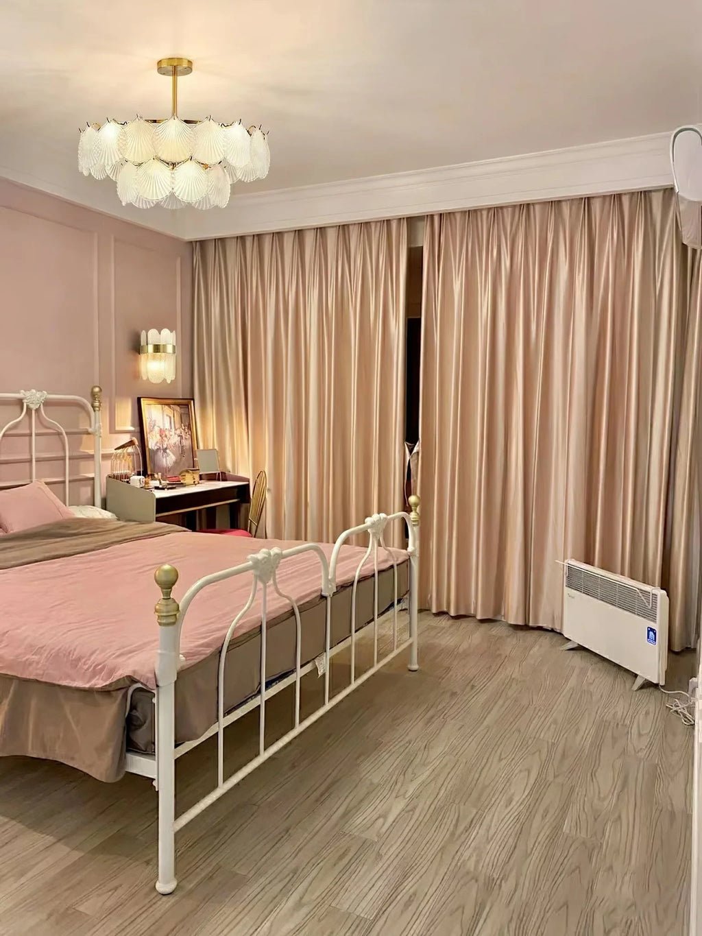 Modern Frosted Scale Art Glass Chandelier in Vintage Bedroom Setting