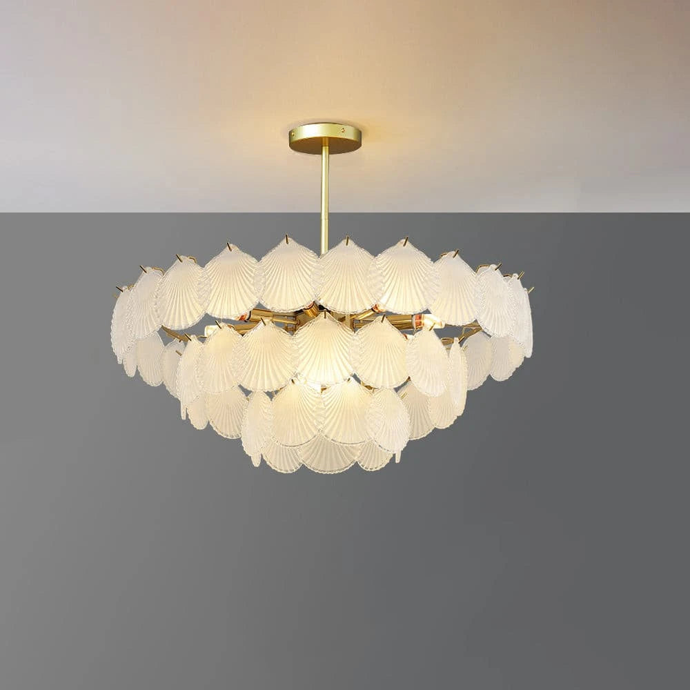 Illuminated Modern Brass Scale Art Glass Semi-Flush Mount Chandelier Studio Shot