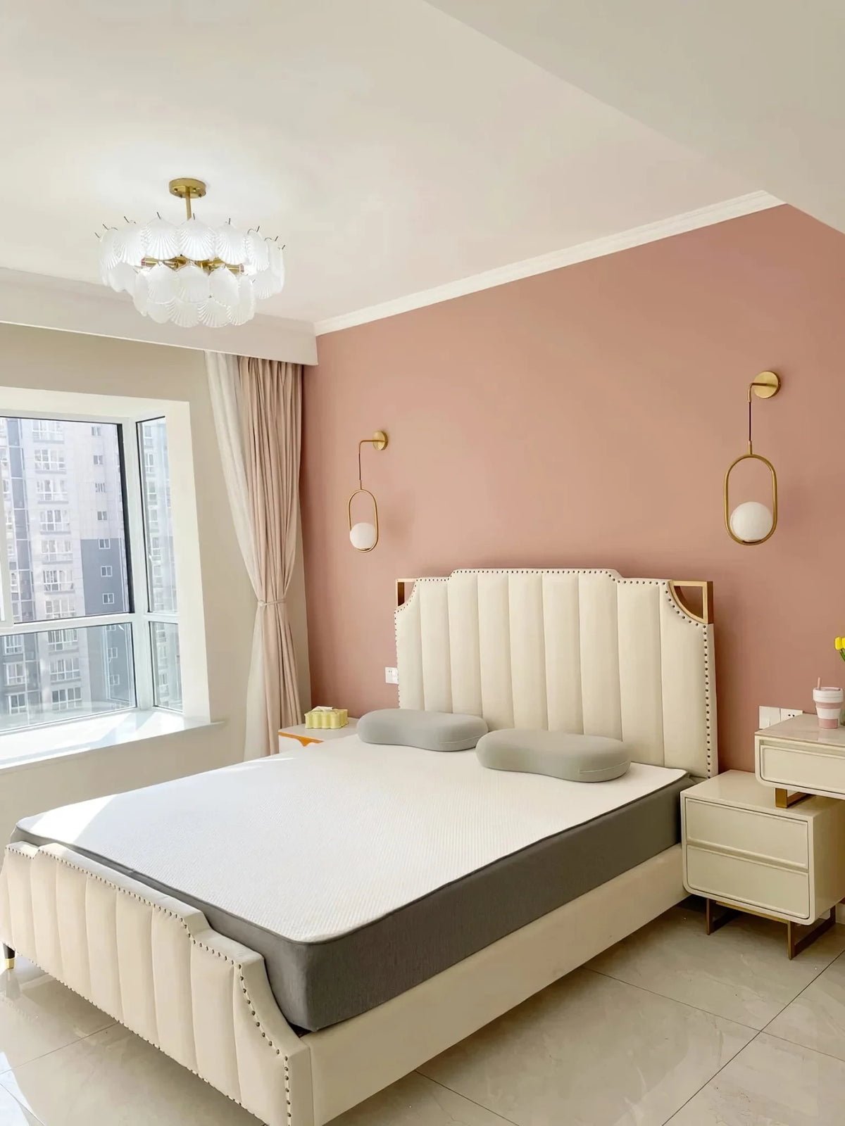 Modern Brass Scale Art Glass Semi-Flush Mount Chandelier in Pink Bedroom Setting