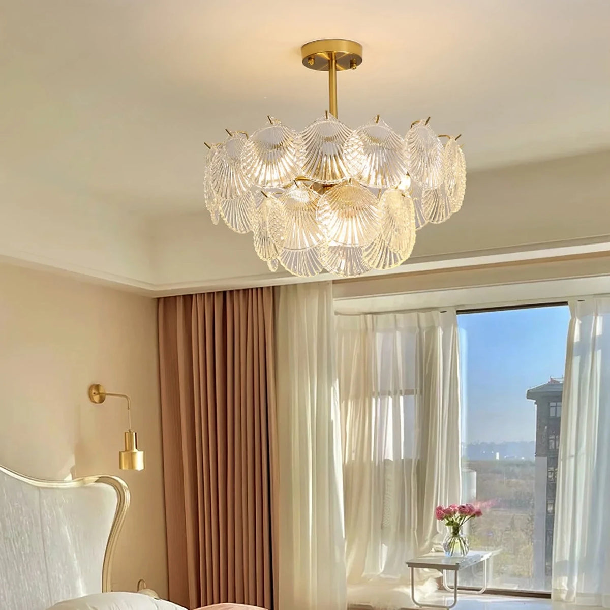 Modern Brass Scale Art Glass Semi-Flush Mount Chandelier in Master Bedroom