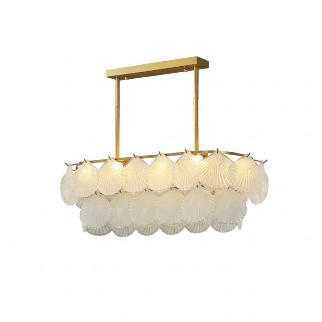 Modern Brass and Frosted Scale Art Glass Linear Chandelier with Gold Canopy on Pure White Background
